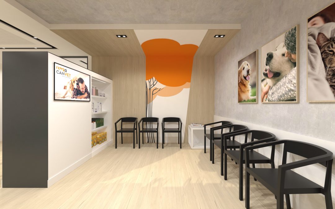 Decoración de clínica veterinaria, se presenta una sala de espera decorada correctamente, con colores suaves, cuadros de animales en su pared y sillas ordenadas dejando el espacio adecuado para los pacientes.