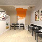 Decoración de clínica veterinaria, se presenta una sala de espera decorada correctamente, con colores suaves, cuadros de animales en su pared y sillas ordenadas dejando el espacio adecuado para los pacientes.