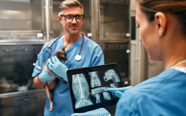 doctores veterinarios revisando una radiografía de un gato en la clínica veterinaria
