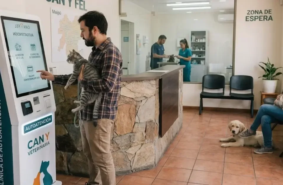 Cliente con su gato usando un tótem veterinario