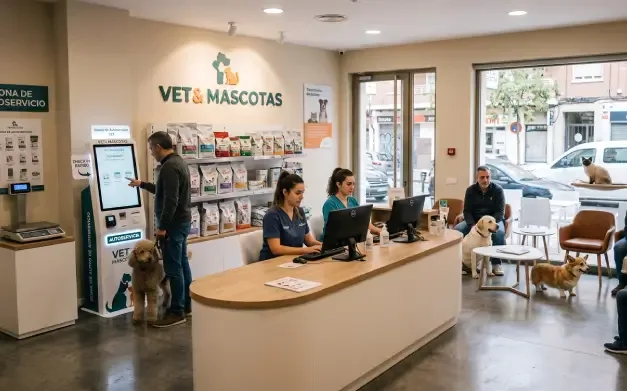 Clientes en una veterinaria con un sistema de tótem veterinario