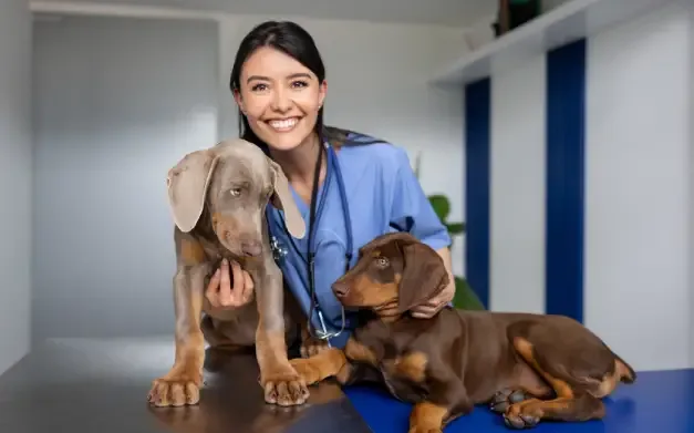 Doctora veterinaria con dos perritos sacándose una foto