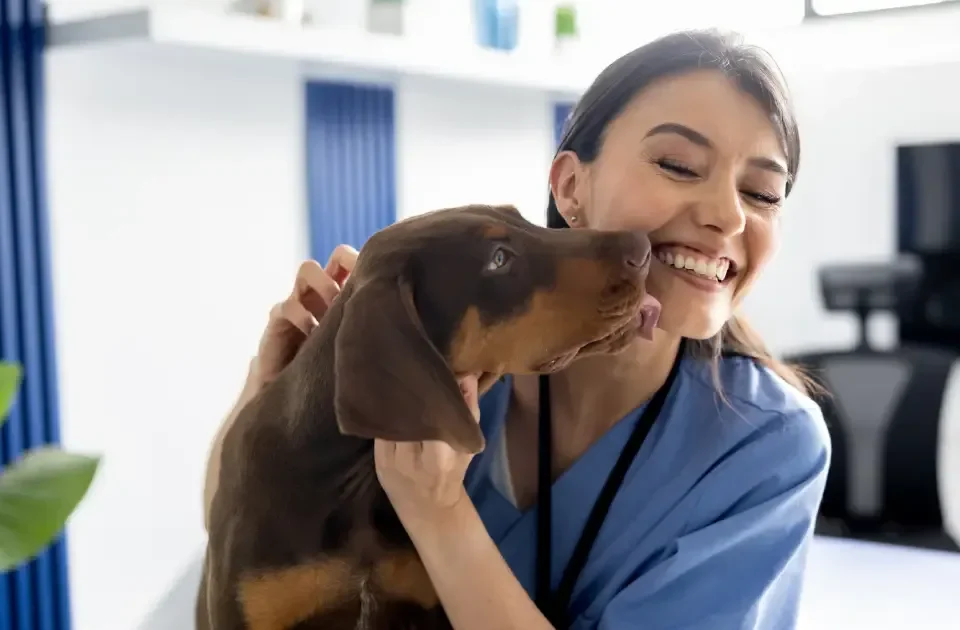 doctora veterinaria con un perro después de que el tutor usara la Agenda online veterinaria
